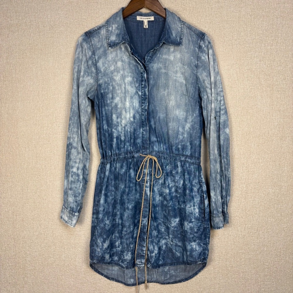 Life in Progress Forever 21 Acid Wash Denim Shirt Dress Blue Medium Drawstring